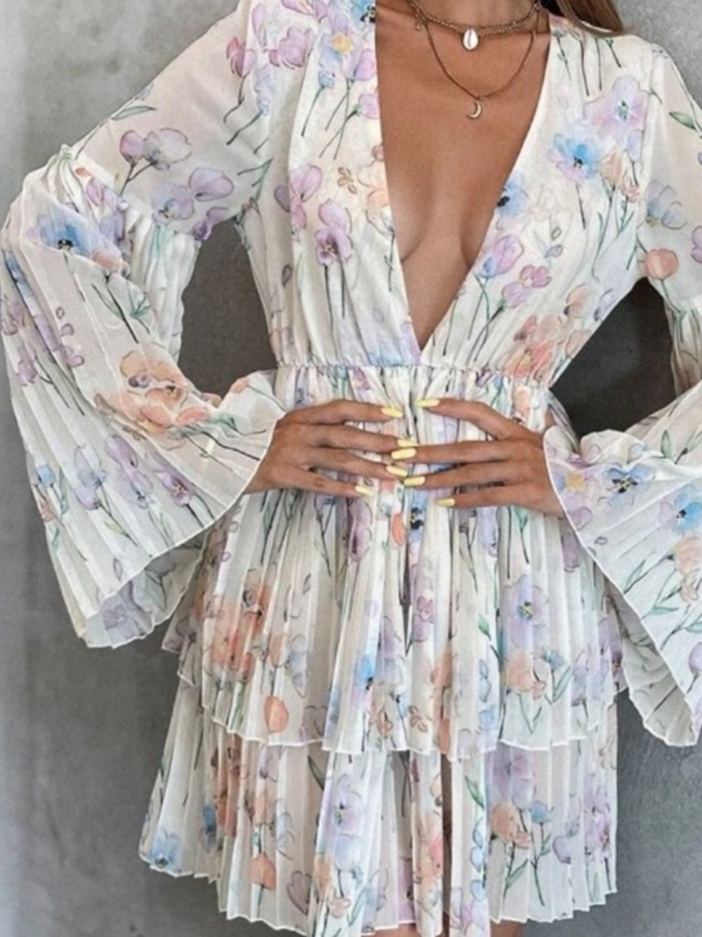 Showpo Floral Pleated Plunging V-Neck Mini Dress - Cream with Pastel Prints